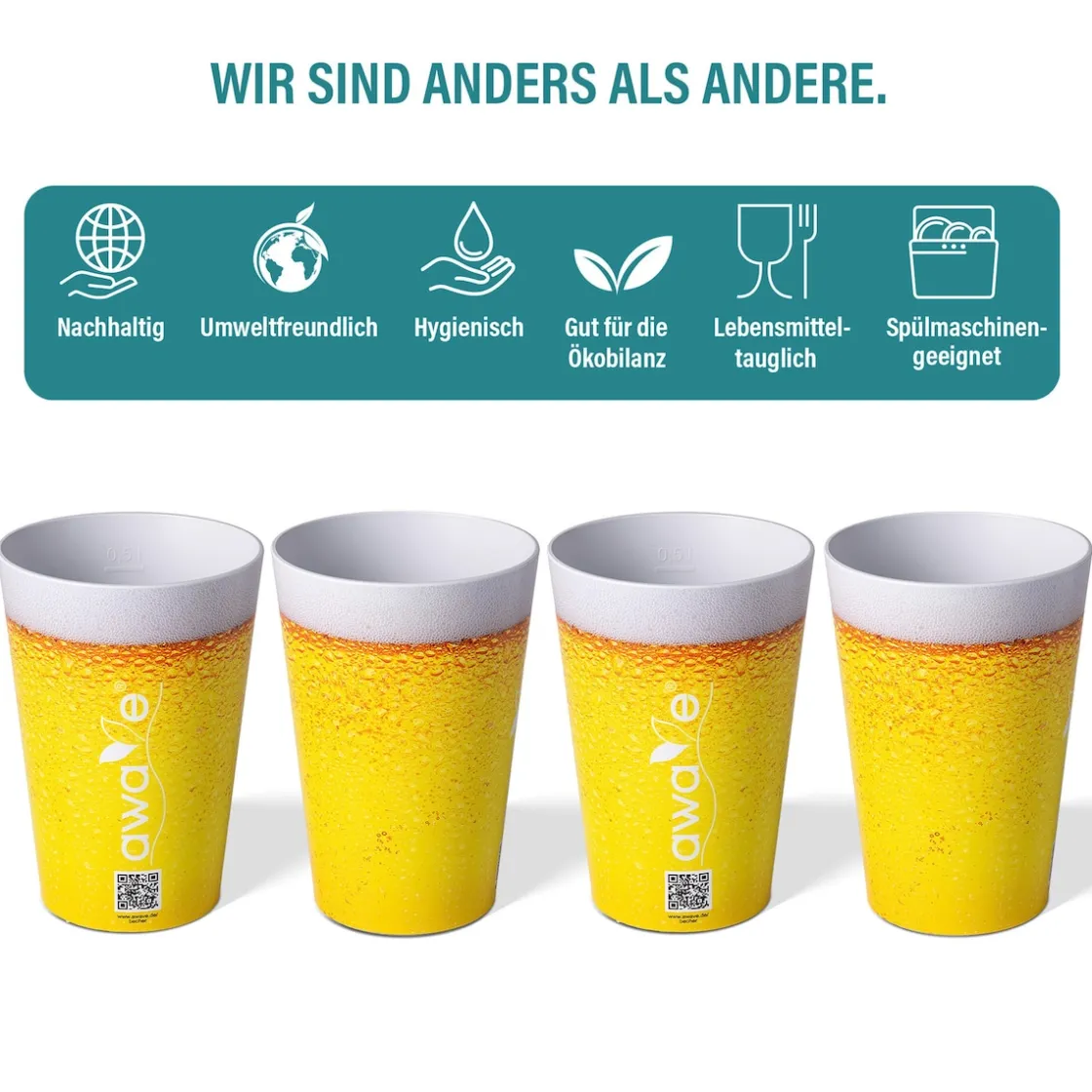 Gläser & Becher|Die moderne Hausfrau AWAVE Trinkbecher 500 ml rPET Set 4-teilig, mit Eichstrich