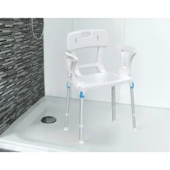 Badhilfen|Bade- & Toilettenhilfen·Bad- & Duschhocker|Die moderne Hausfrau Duschhocker "laguna" mit Hygieneausschnitt, Armlehne, Rückenlehne