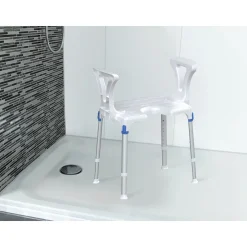 Badhilfen|Bade- & Toilettenhilfen·Bad- & Duschhocker|Die moderne Hausfrau Duschhocker "laguna" mit Hygieneausschnitt & Armlehne