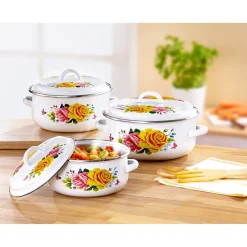 Töpfe|Die moderne Hausfrau Emaille-Topfset "Rosenpracht", 6-teilig