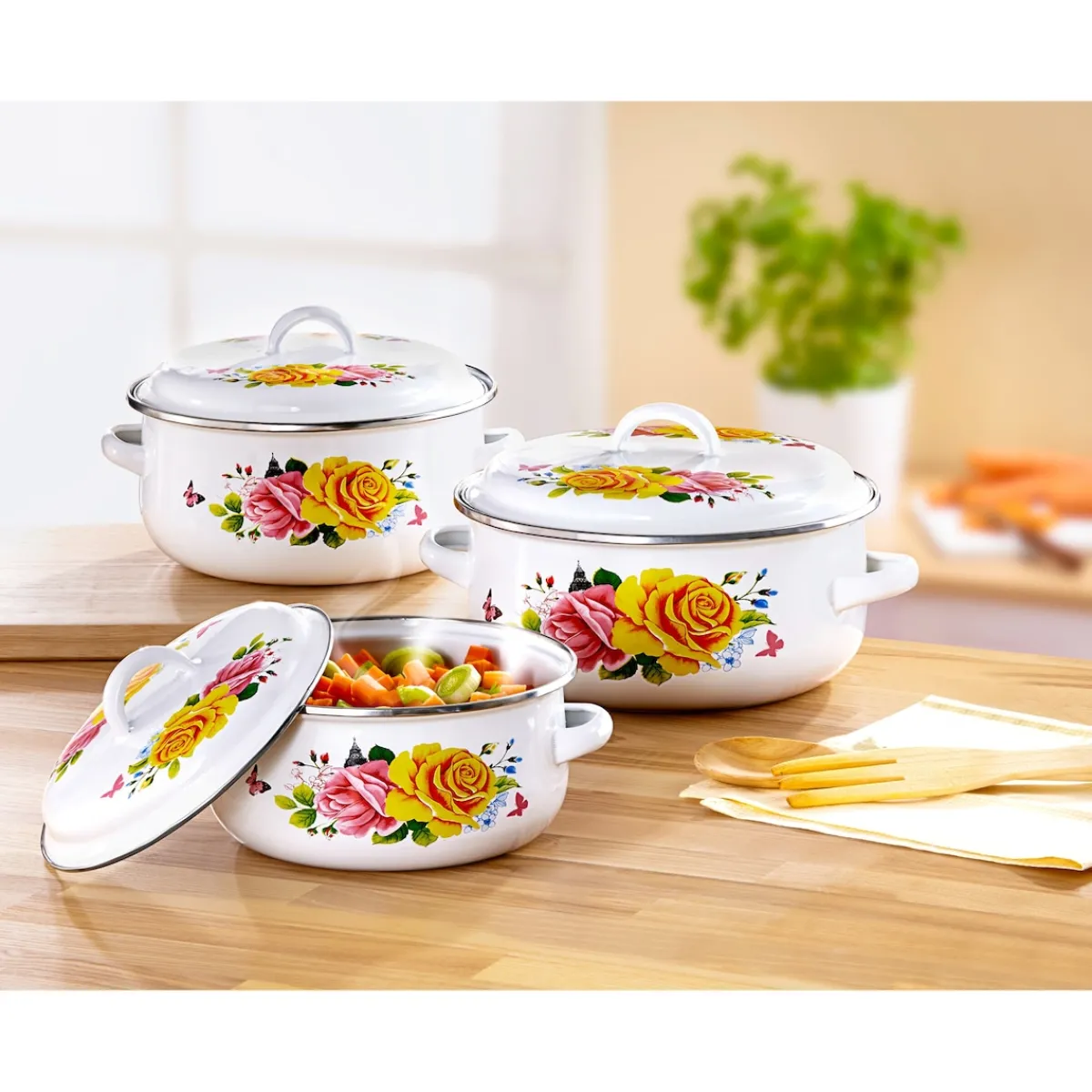 Die moderne Hausfrau Emaille-Topfset "Rosenpracht", 6-teilig