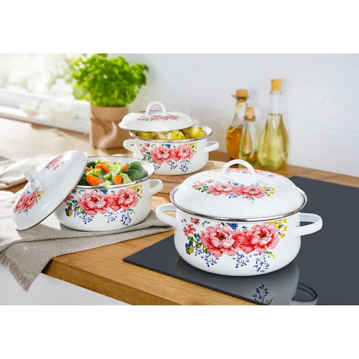 Die moderne Hausfrau Emaille-Topfset "Sommer-Blüten", 6-teilig