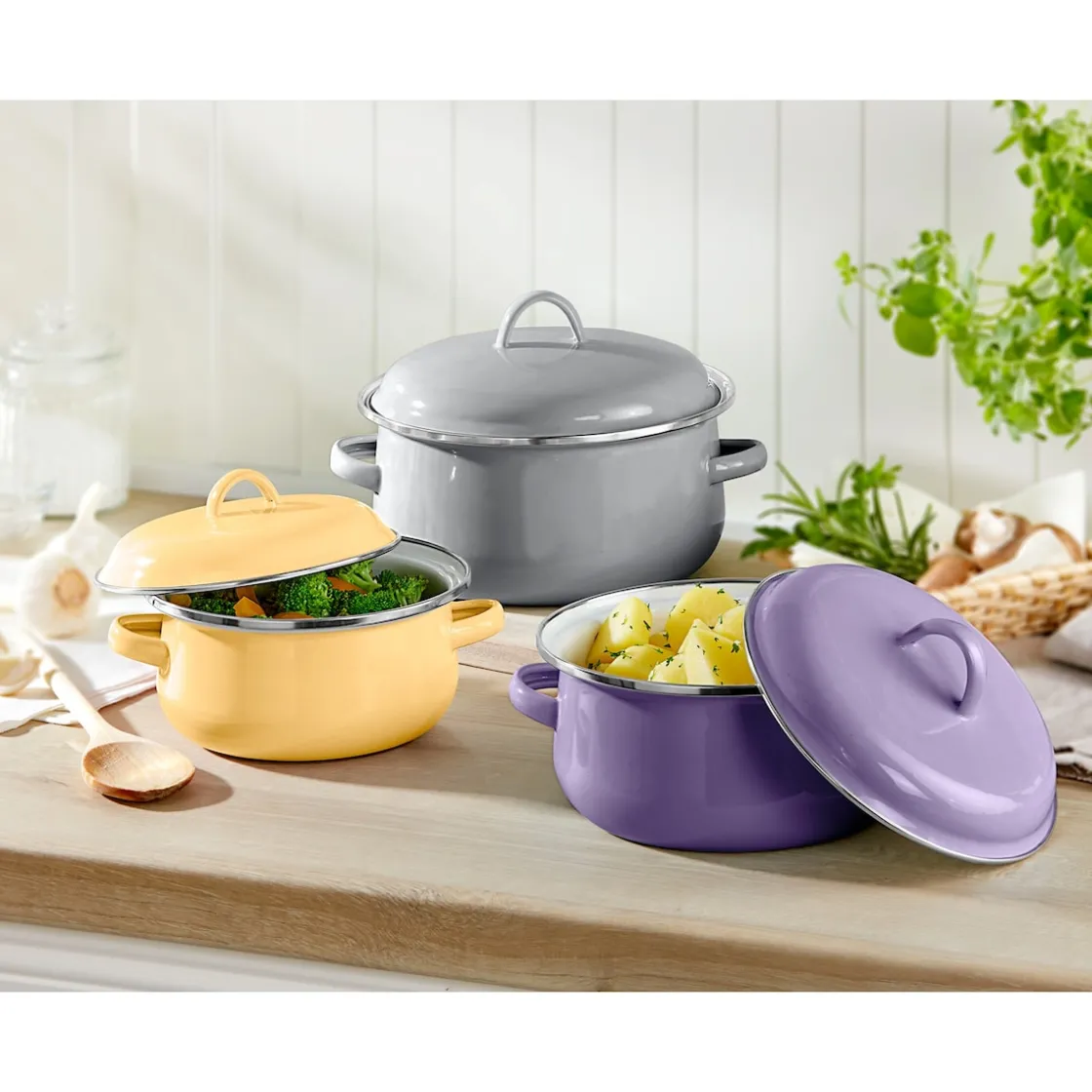 Töpfe|Hobbyköche|Die moderne Hausfrau Emailletopf-Set "Trend", 6-teilig