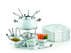 Fonduetöpfe & -Sets|Die moderne Hausfrau Fondueset 1 x Fonduetopf, 1 x Spritzschutz, 1 x Rechaud mit Drehkarusell, 1 x Brenner, 6 x Fonduegabeln, 6 x Fonduelöffel, 6 x Schälchen, 6 x Fondueteller