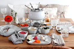 Fonduetöpfe & -Sets|Die moderne Hausfrau Fondueset 1 x Fonduetopf, 1 x Spritzschutz, 1 x Rechaud mit Drehkarusell, 1 x Brenner, 6 x Fonduegabeln, 6 x Fonduelöffel, 6 x Schälchen, 6 x Fondueteller