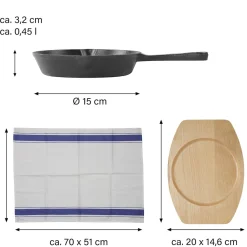 Pfannen|Die moderne Hausfrau Freyersbacher Gusseisenpfanne 15 cm, Emaille Bratpfanne | mit Brett und Tuch