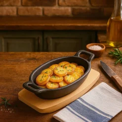 Pfannen|Die moderne Hausfrau Freyersbacher Kleine Gusseisenpfanne Oval 14x9 cm, Emaille Servierpfanne | Mit Brett und Tuch