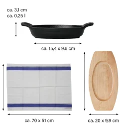 Pfannen|Die moderne Hausfrau Freyersbacher Kleine Gusseisenpfanne Oval 14x9 cm, Emaille Servierpfanne | Mit Brett und Tuch