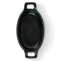 Pfannen|Die moderne Hausfrau Freyersbacher Kleine Gusseisenpfanne Oval 14x9 cm, Emaille Servierpfanne | Mit Brett und Tuch