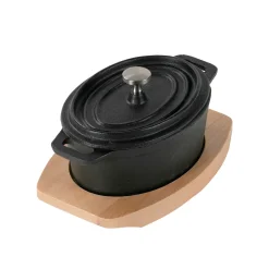 Töpfe|Die moderne Hausfrau Freyersbacher Mini Cocotte 12x8,5 cm Gusseisen, Kleiner Emaille Topf | Oval, mit Brett und Tuch