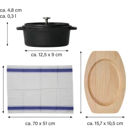 Töpfe|Die moderne Hausfrau Freyersbacher Mini Cocotte 12x8,5 cm Gusseisen, Kleiner Emaille Topf | Oval, mit Brett und Tuch