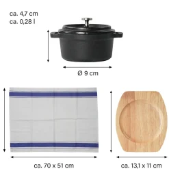 Töpfe|Die moderne Hausfrau Freyersbacher Mini Cocotte 9 cm Gusseisen, Kleiner Emaille Topf | Rund, mit Brett und Tuch