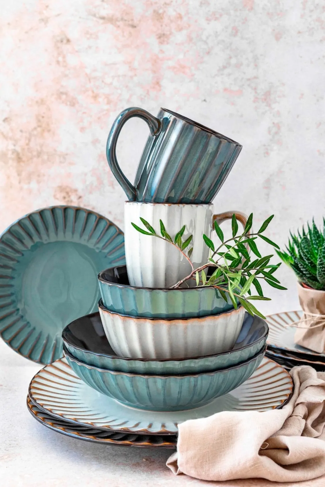Geschirrsets|Die moderne Hausfrau Frühstücksset, Steinzeug Confino Petrol