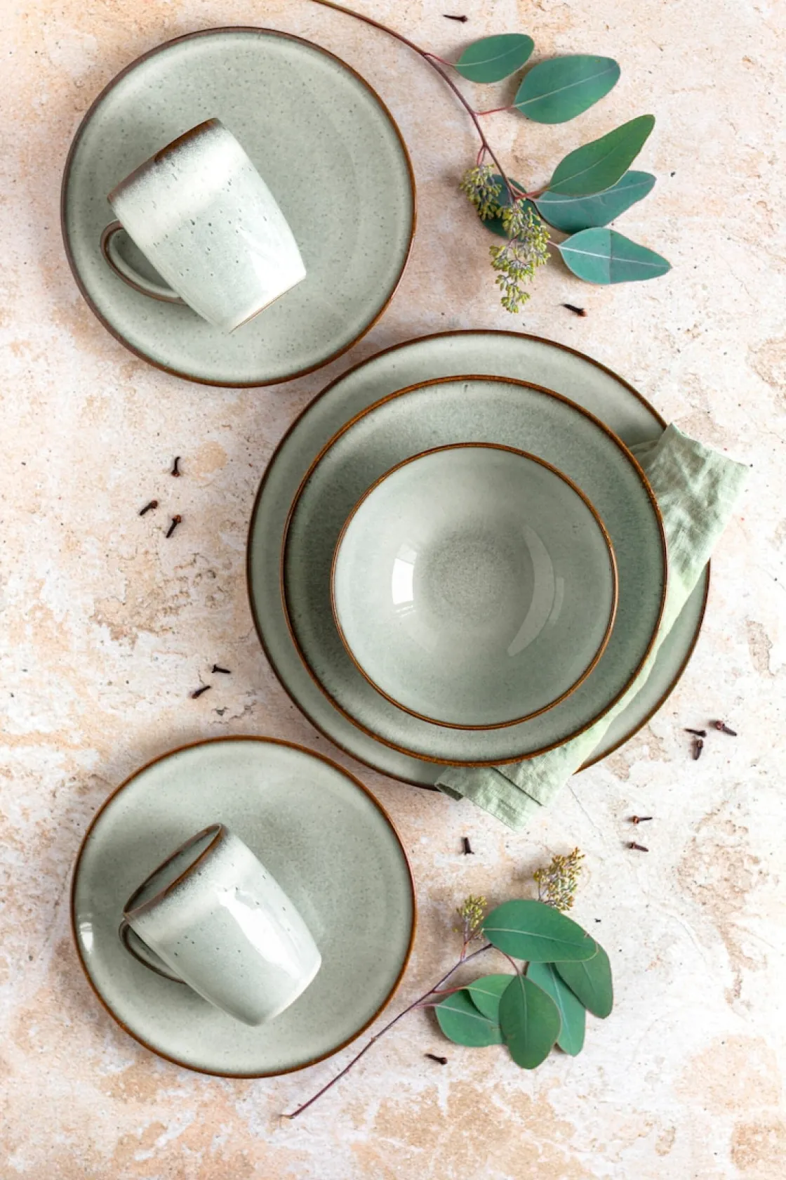 Geschirrsets|Die moderne Hausfrau Frühstücksset, Steinzeug Smoky's Grün