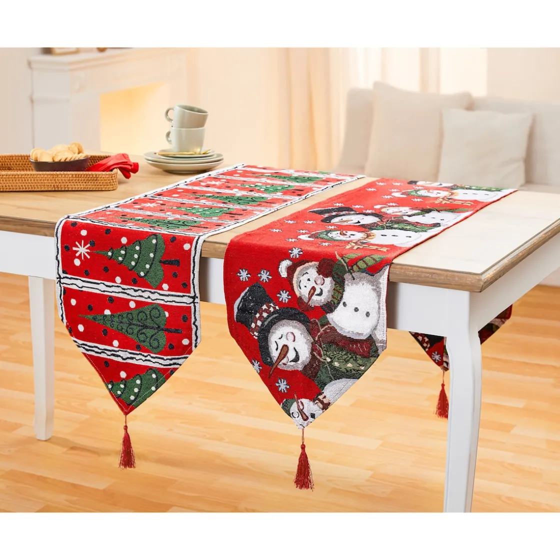 Weihnachtsdekoration·Weihnachtstischdecken|Tischdecken & -Läufer·Tischläufer|Die moderne Hausfrau Gobelin-Tischläufer "Schneemänner", 180x34 cm