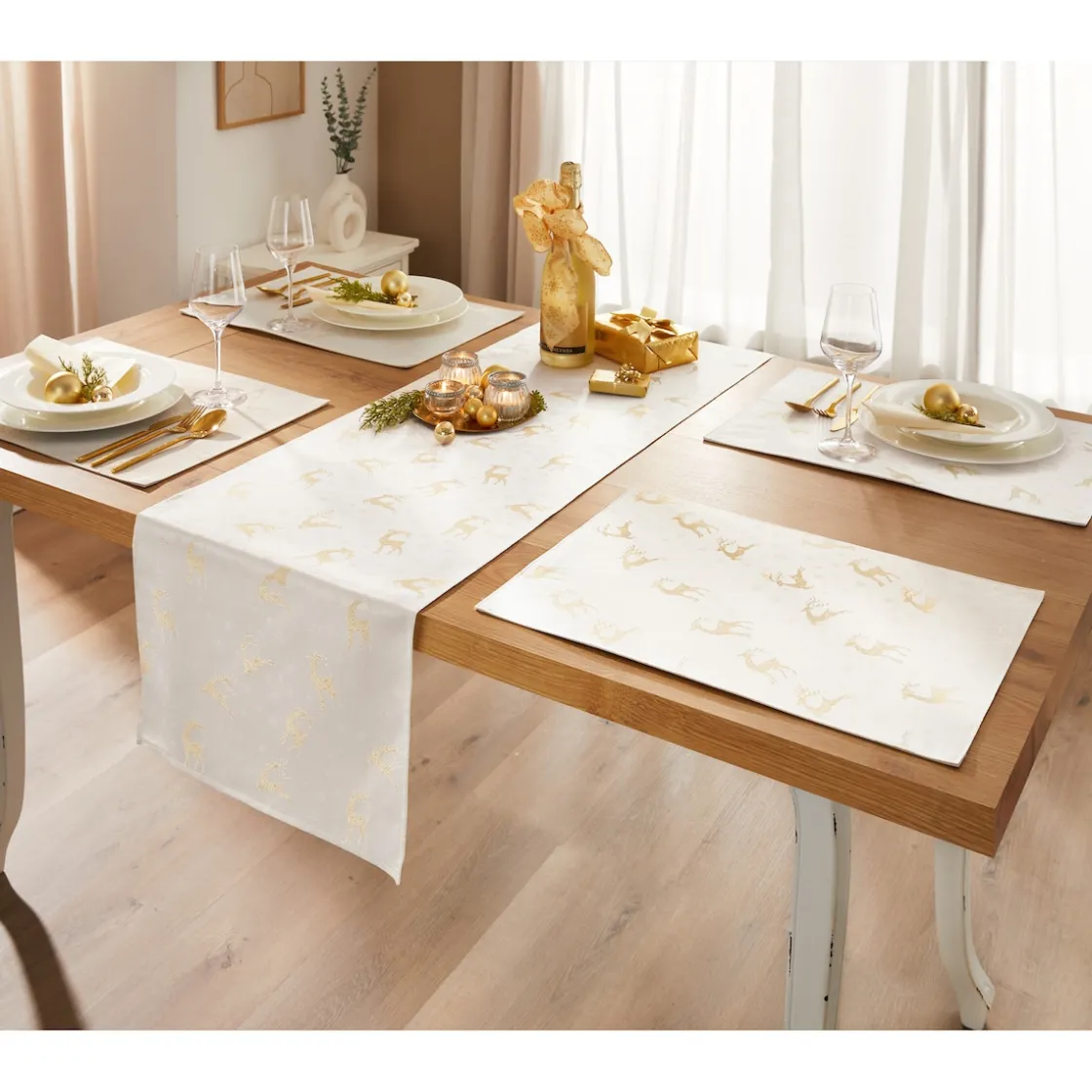Weihnachtsdekoration·Weihnachtstischdecken|Tischdecken & -Läufer·Tischläufer|Die moderne Hausfrau Jacquard-Tischläufer „Rentierzauber“, 140x40 cm