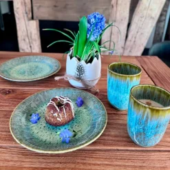 Gläser & Becher|Die moderne Hausfrau Kaffeebecher-Set, Steinzeug Flussufer blau, grün, braun