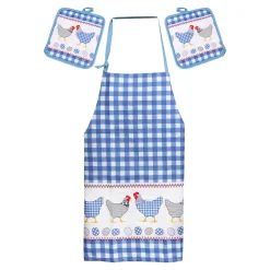 Die moderne Hausfrau Küchentextilien-Set Schürze & Topflappen „Hühner“, 3-teilig