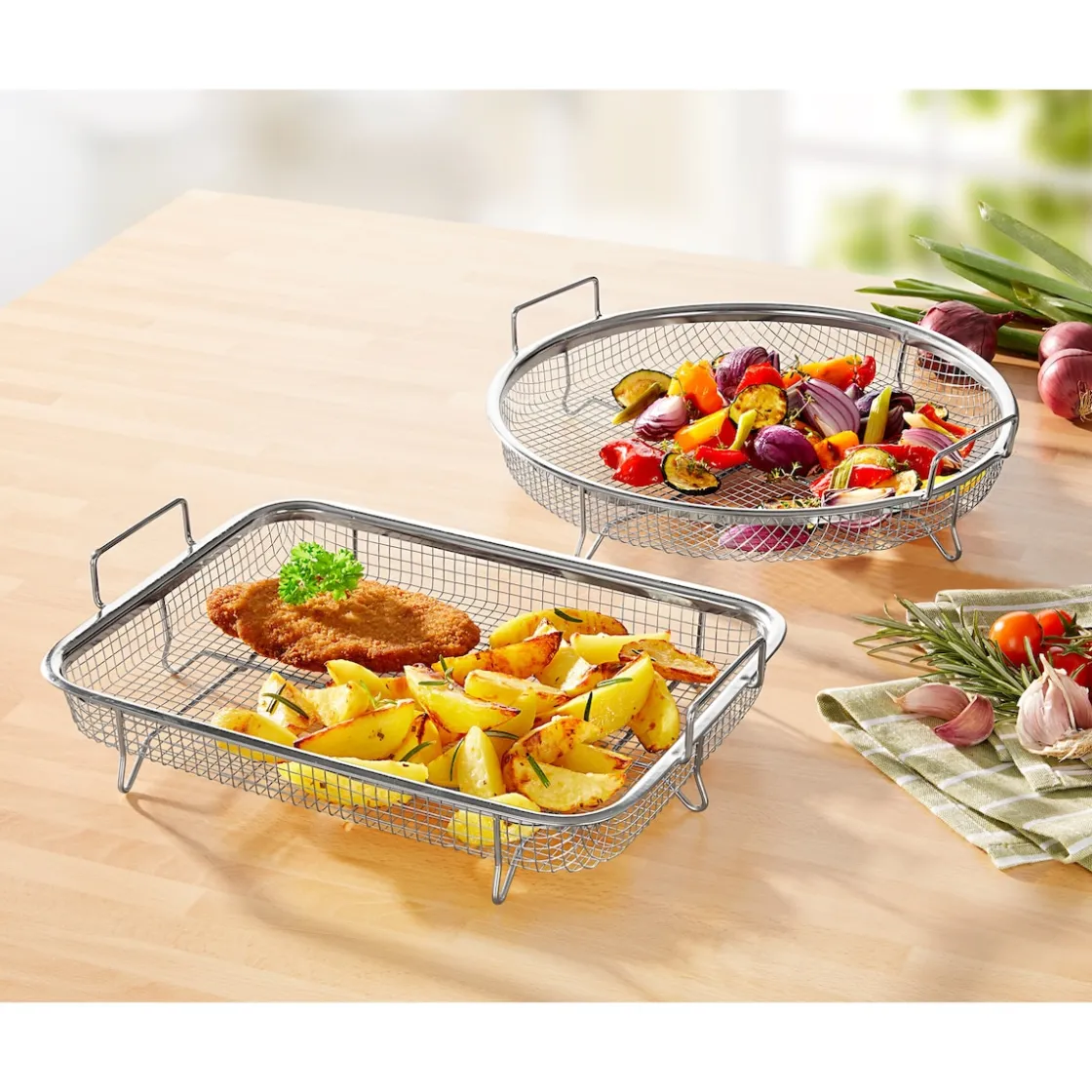 Backbleche & Grillkörbe|Ofenroste & Grillkörbe|Die moderne Hausfrau Knusper-Grillkorb "Edelstahl" 2er Set, eckig und rund
