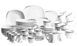 Die moderne Hausfrau Kombiservice, Porzellan LINEA NERA 6 x Speisteller, 6 x Suppenteller, 6 x Dessertteller, 6 x Kaffeetasse, 6 x Kaffeeuntertasse, 6 x Espressotasse, 6 x Espressountertasse, 6 x Kaffeebecher, 6 x Müslischüssel, 6 x Eierbecher, 1 x Zuckerdose, 1 x Giesser