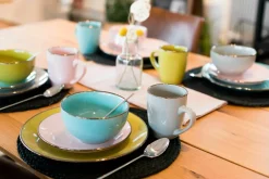 Geschirrsets|Die moderne Hausfrau Kombiservice, Steinzeug METALLIC RIM Rosa, Grün, Blau, Grau