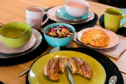 Geschirrsets|Die moderne Hausfrau Kombiservice, Steinzeug METALLIC RIM Rosa, Grün, Blau, Grau