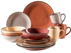 Geschirrsets|Die moderne Hausfrau Kombiservice, Steinzeug METALLIC RIM Rot, Braun, Orange, Beige