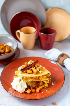 Geschirrsets|Die moderne Hausfrau Kombiservice, Steinzeug METALLIC RIM Rot, Braun, Orange, Beige
