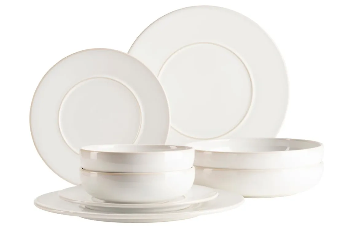 Geschirrsets|Die moderne Hausfrau Kombiservice, Steinzeug Unico Weiß