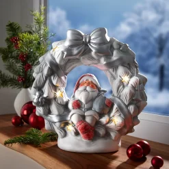 Weihnachtsdekoration·Weihnachtsbeleuchtung|Dekofiguren|Die moderne Hausfrau LED-Keramikfigur „Santa im Kranz“