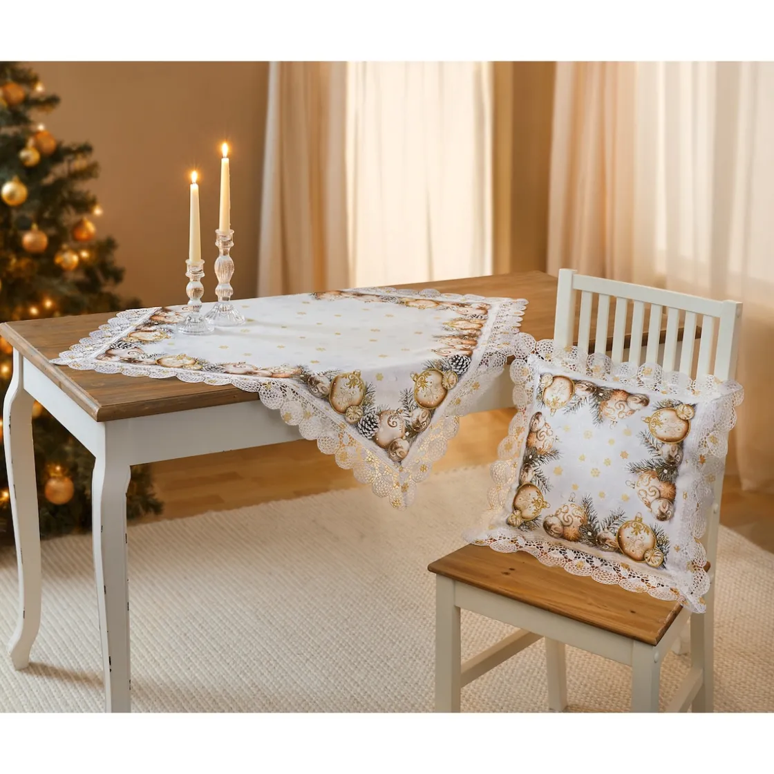 Weihnachtsdekoration·Weihnachtstischdecken|Tischdecken & -Läufer·Tischdecken|Die moderne Hausfrau Mitteldecke „Festtagskugeln“, 85x85 cm
