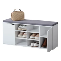 Schränke & Regale·Schuhregale & Schuhbänke|Die moderne Hausfrau Schuhschrank mit Sitzkissen, 2 Türen und 6 Fächer weiß/grau