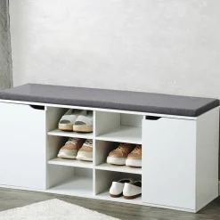 Schränke & Regale·Schuhregale & Schuhbänke|Die moderne Hausfrau Schuhschrank mit Sitzkissen, 2 Türen und 6 Fächer weiß/grau