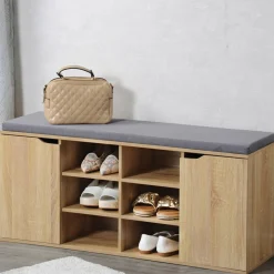 Schränke & Regale·Schuhregale & Schuhbänke|Die moderne Hausfrau Schuhschrank mit Sitzkissen, 2 Türen und 6 Fächer Sonoma-Eiche