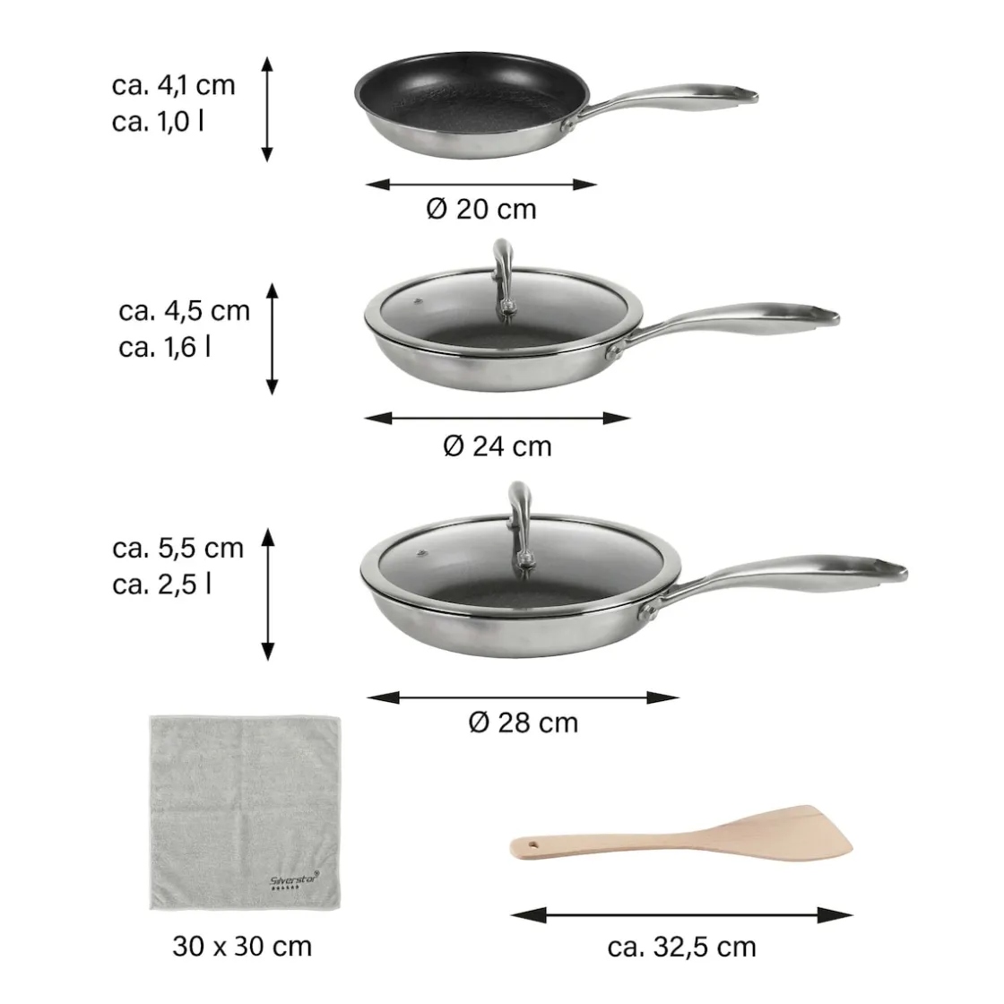 Pfannen|Die moderne Hausfrau SILVERSTAR Edelstahl Pfannen-Set 7-teilig 20/24/28 | mit Deckeln