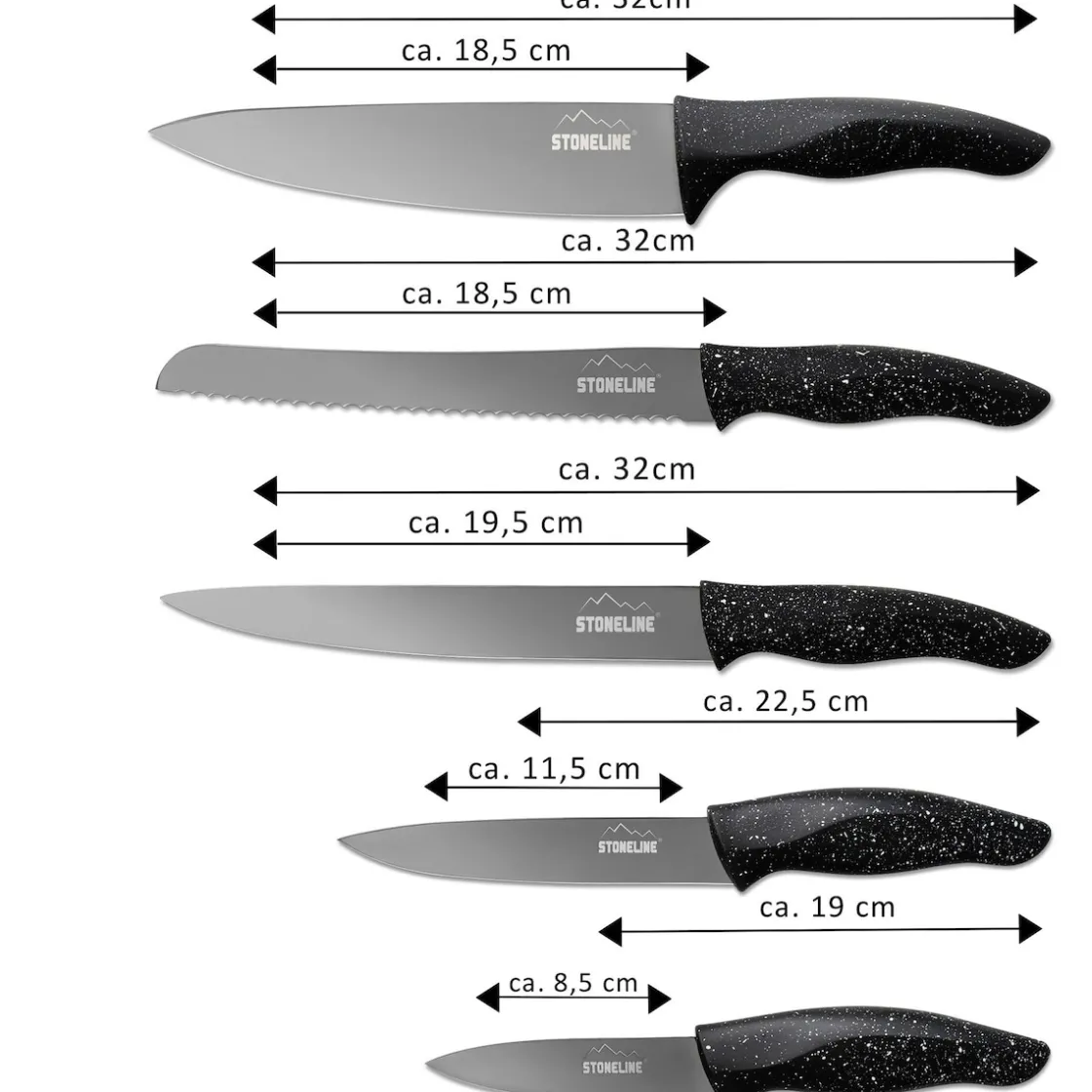 Koch- & Küchenmesser|Die moderne Hausfrau STONELINE Edelstahl Messer Set 5-teilig mit Messerblock | Schwarz