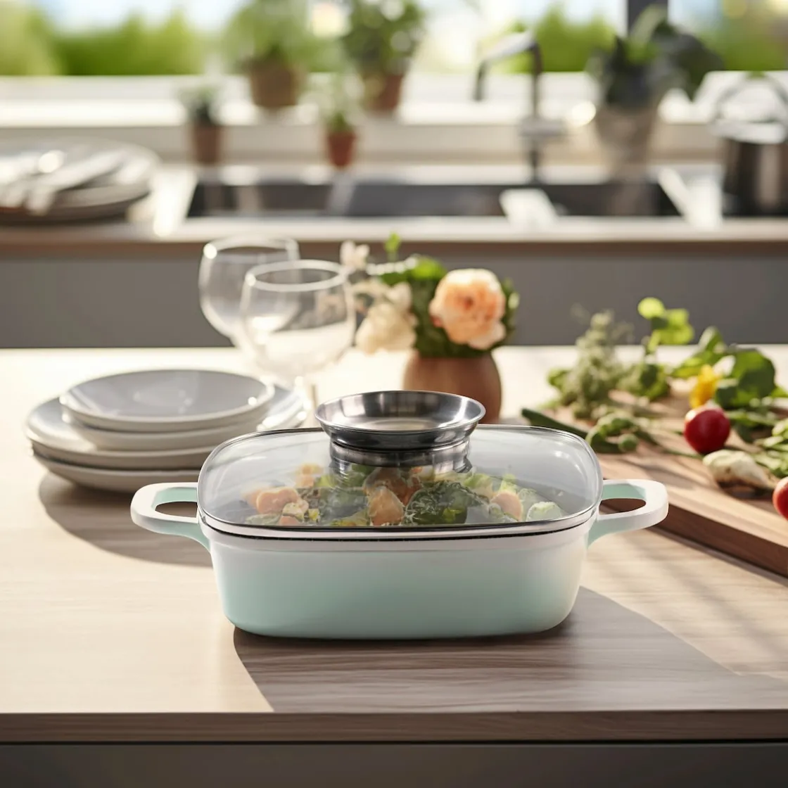 Pfannen|Die moderne Hausfrau STONELINE Servierpfanne Eckig 20 cm Mint | mit Deckel