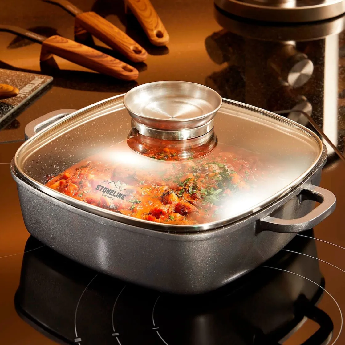 Pfannen|Die moderne Hausfrau STONELINE Servierpfanne Eckig 24 cm | mit Deckel