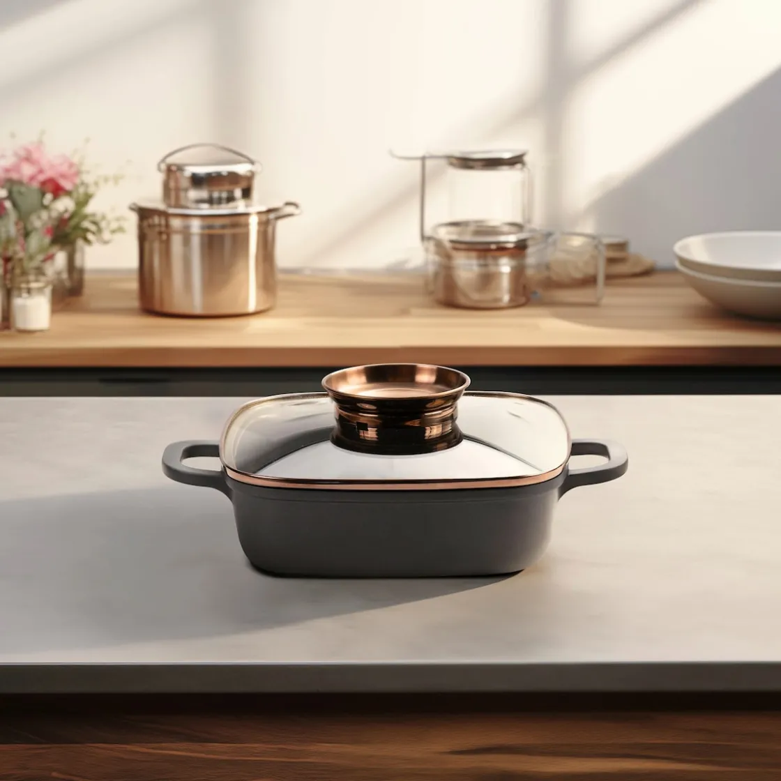 Pfannen|Die moderne Hausfrau STONELINE Servierpfanne Eckig 20 cm Roségold | mit Deckel