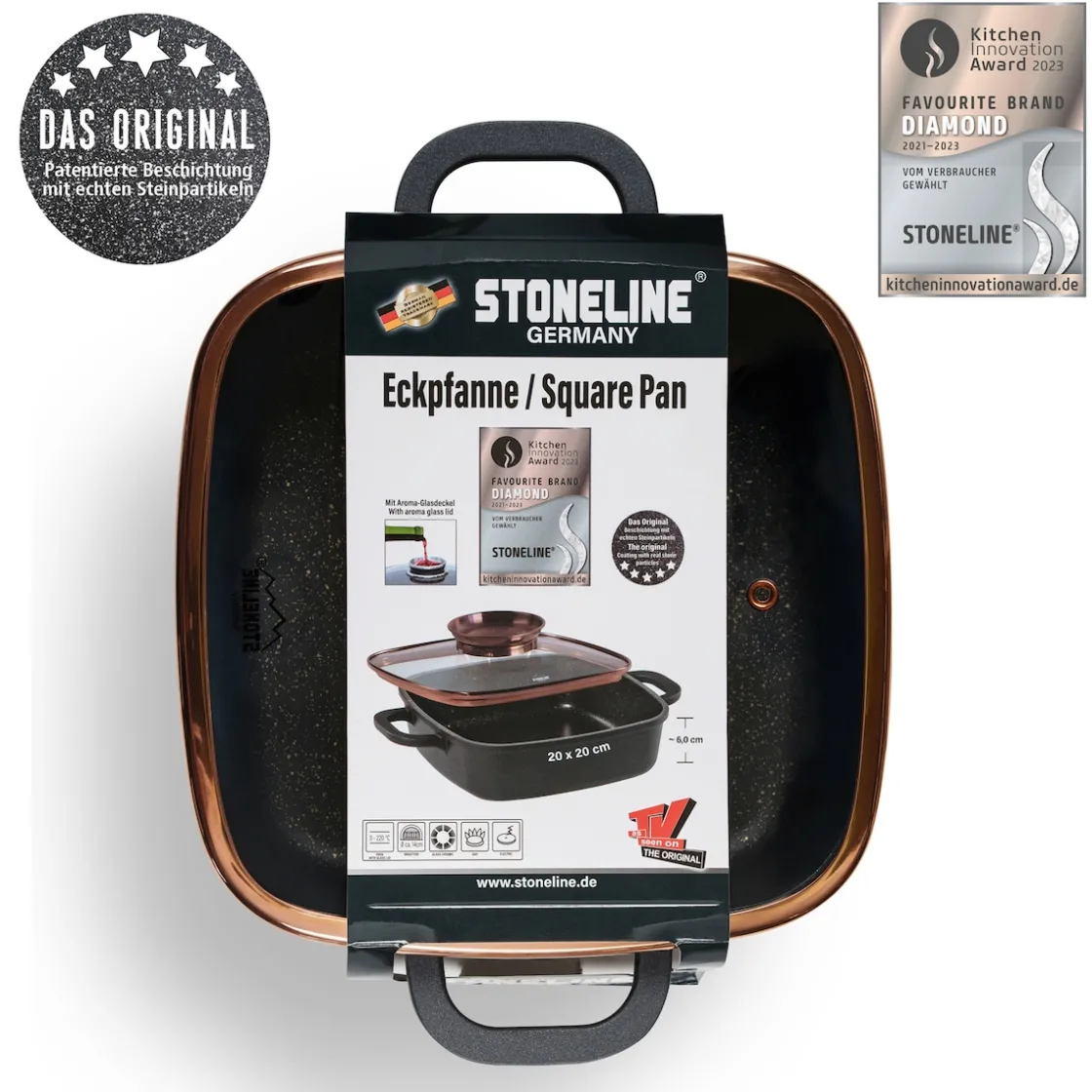 Pfannen|Die moderne Hausfrau STONELINE Servierpfanne Eckig 20 cm Roségold | mit Deckel