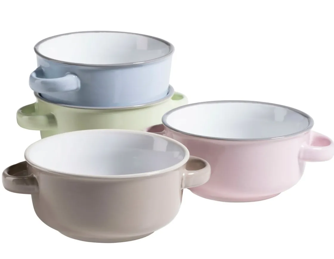 Teller|Die moderne Hausfrau Suppentassen-Set, Steinzeug Maila Hellblau, Hellgrün, Rosa, Grau