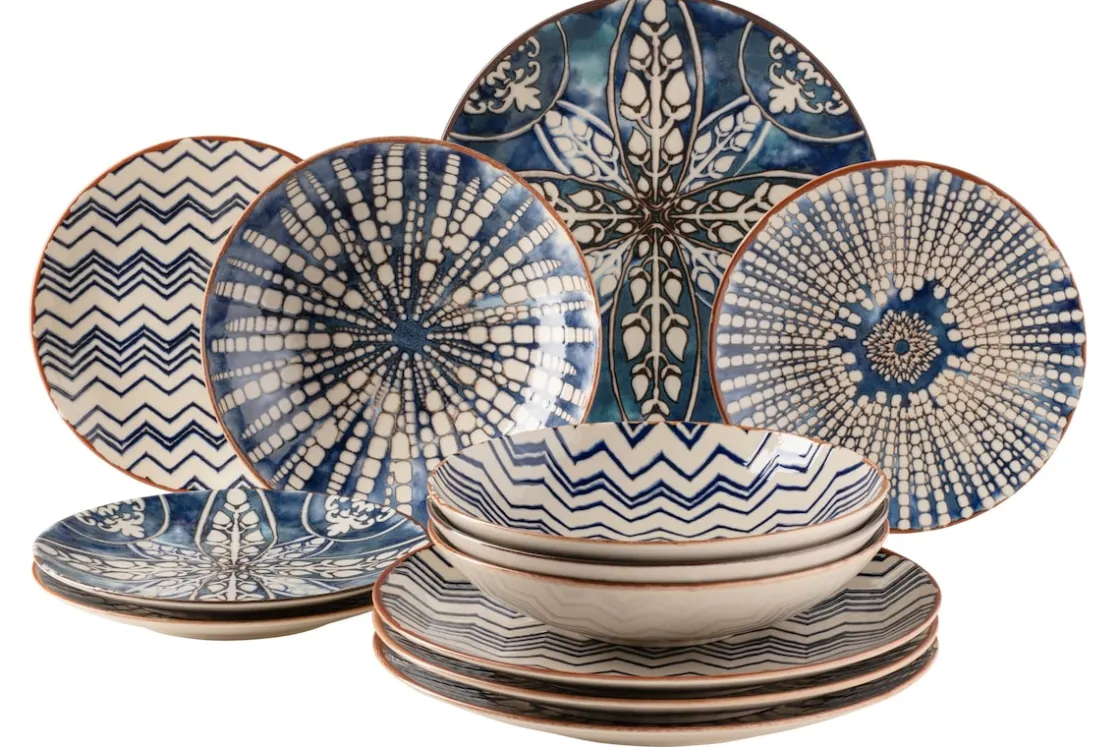 Geschirrsets|Die moderne Hausfrau Tafelservice, Steinzeug Iberico Blue 6 x Speiseteller, 6 x Suppenteller