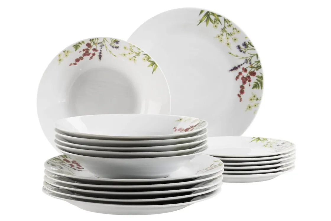 Geschirrsets|Die moderne Hausfrau Tellerset, Porzellan Herbal Garden 6 x Speiseteller, 6 x Suppenteller, 6 x Dessertteller