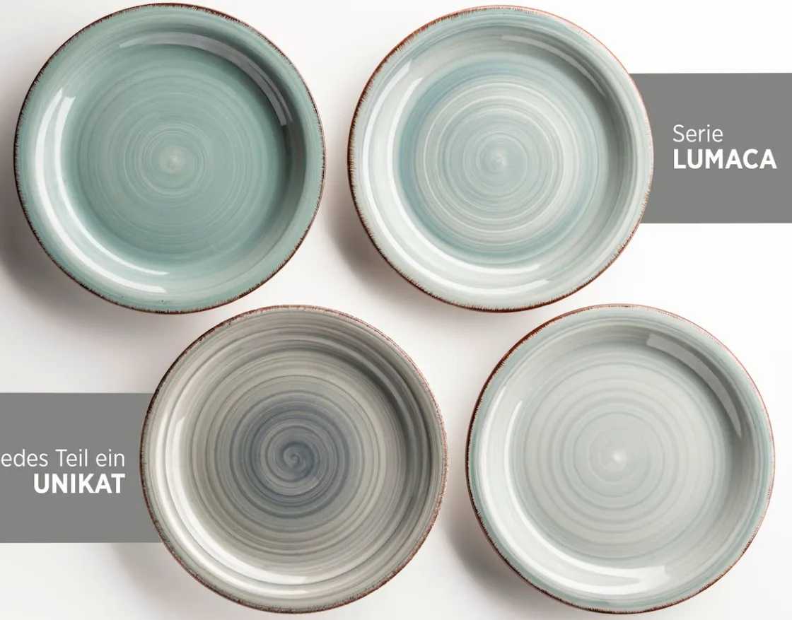 Geschirrsets|Die moderne Hausfrau Teller-Set, Steingut Lumaca Rauchblau