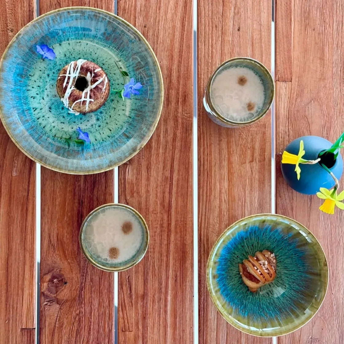 Geschirrsets|Die moderne Hausfrau Teller-Set, Steinzeug Flussufer blau, grün, braun